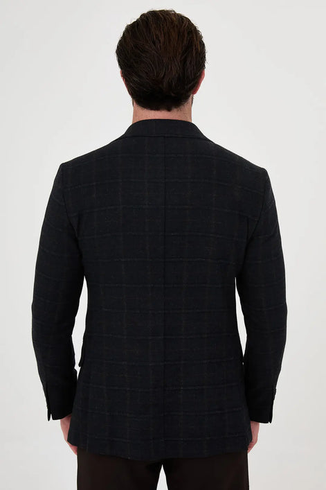 Dark Blue Checkered Wool Blazer 