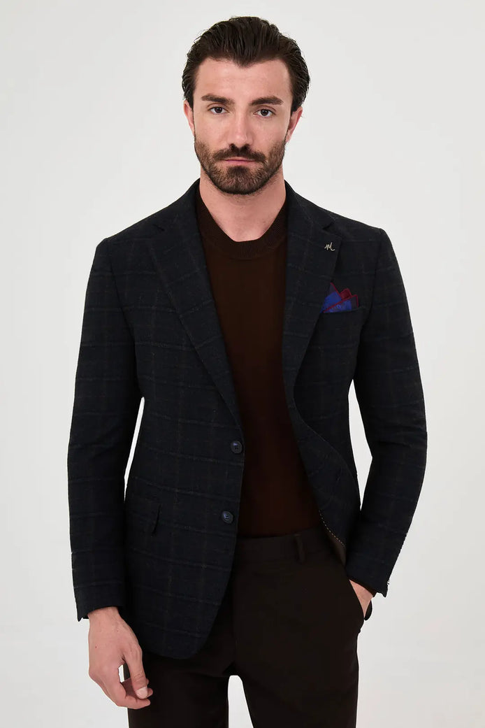 Checkered Wool Blazer Dark Blue