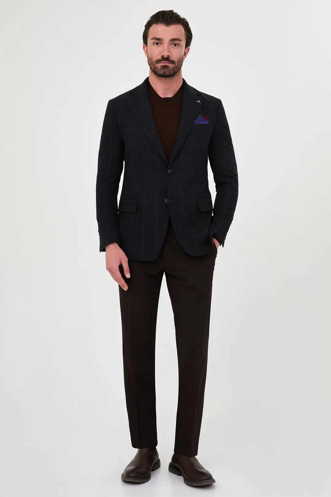 Checkered Wool Blazer Dark Blue