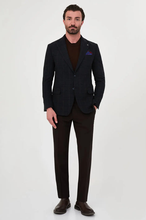Checkered Wool Blazer Dark Blue