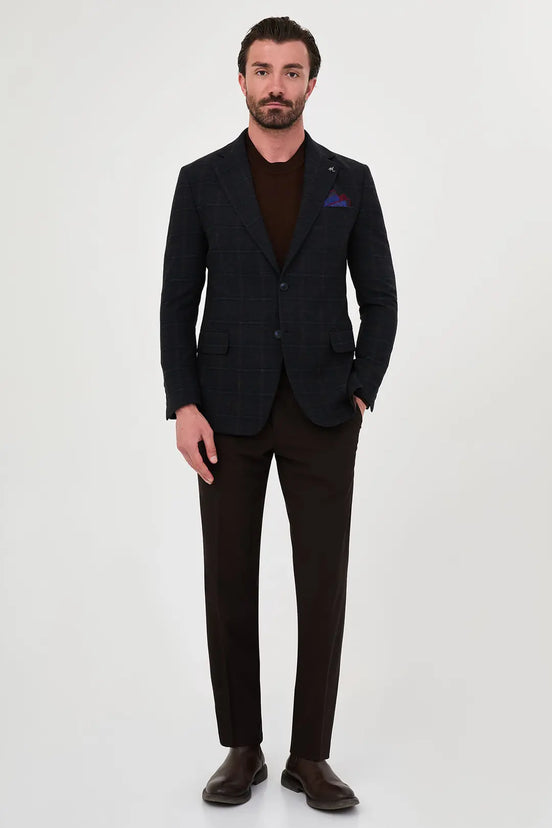 Checkered Wool Blazer Dark Blue