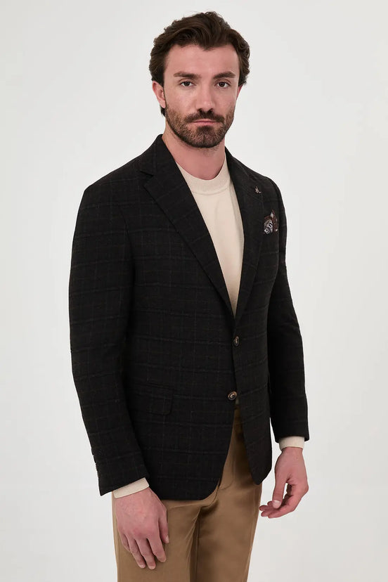 dark charcoal plaid blazer