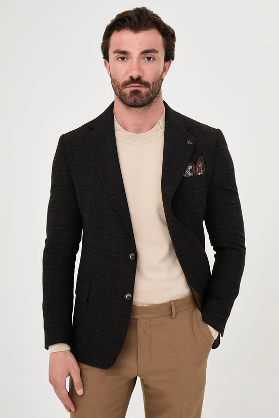 Checkered Wool Blazer Dark Brown