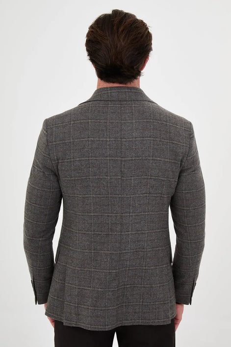 dark gray windowpane plaid blazer