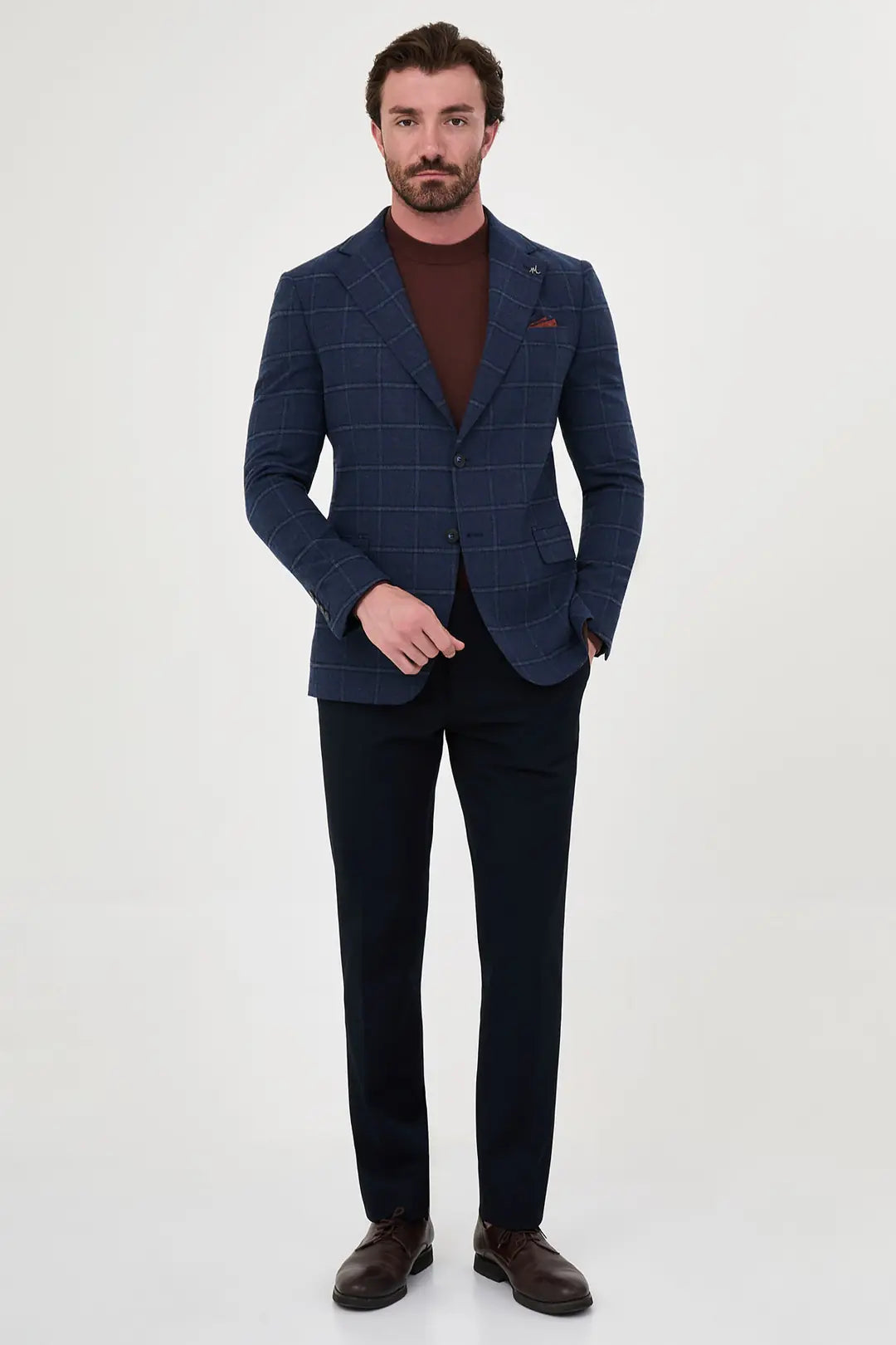navy blue windowpane plaid blazer