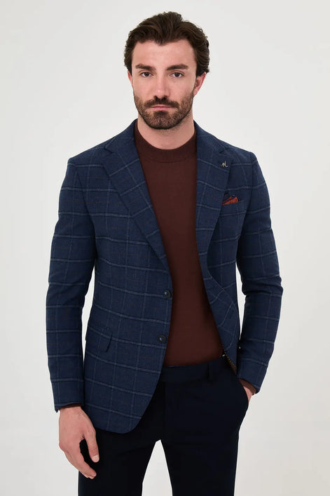 Checkered Wool Blazer Navy Blue