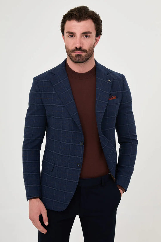 Checkered Wool Blazer Navy Blue