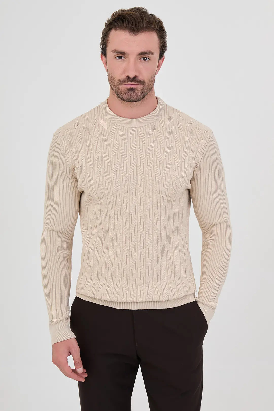 Chevron Knit Sweater Beige