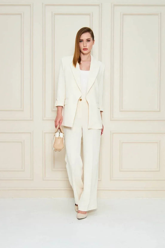 cream dress suit women's Beige Two-piece Pantsuit With Double-breasted Blazer and Wide Leg Pants