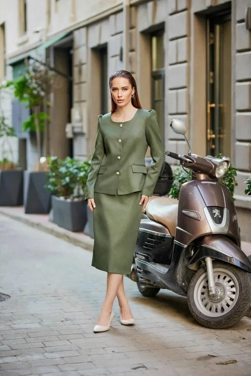 Woman in a green outfit