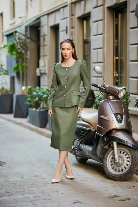 Woman in a green outfit