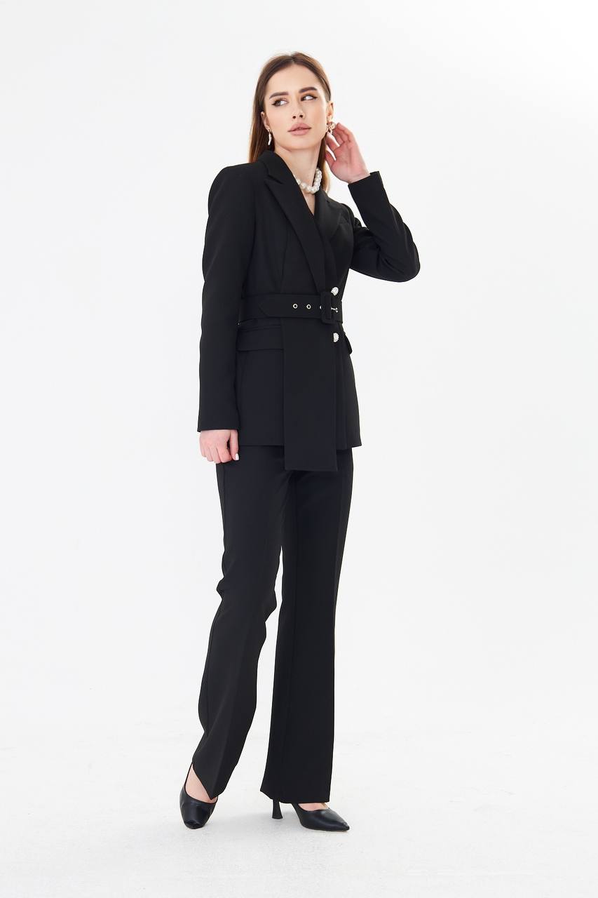 Black Belted Blazer Suit Set