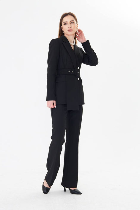 Black Belted Blazer Suit Set