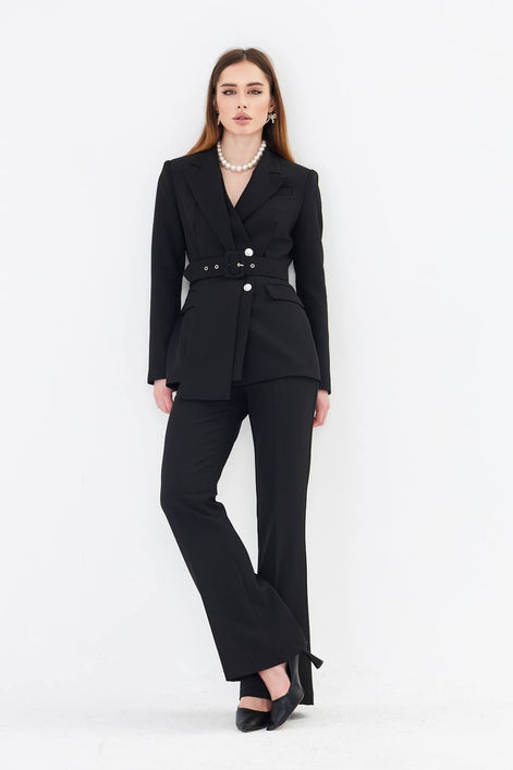 Professional Black Belted Blazer Suit Set