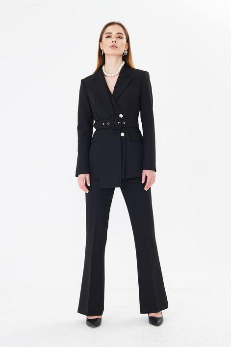 Professional Black Belted Blazer Suit Set
