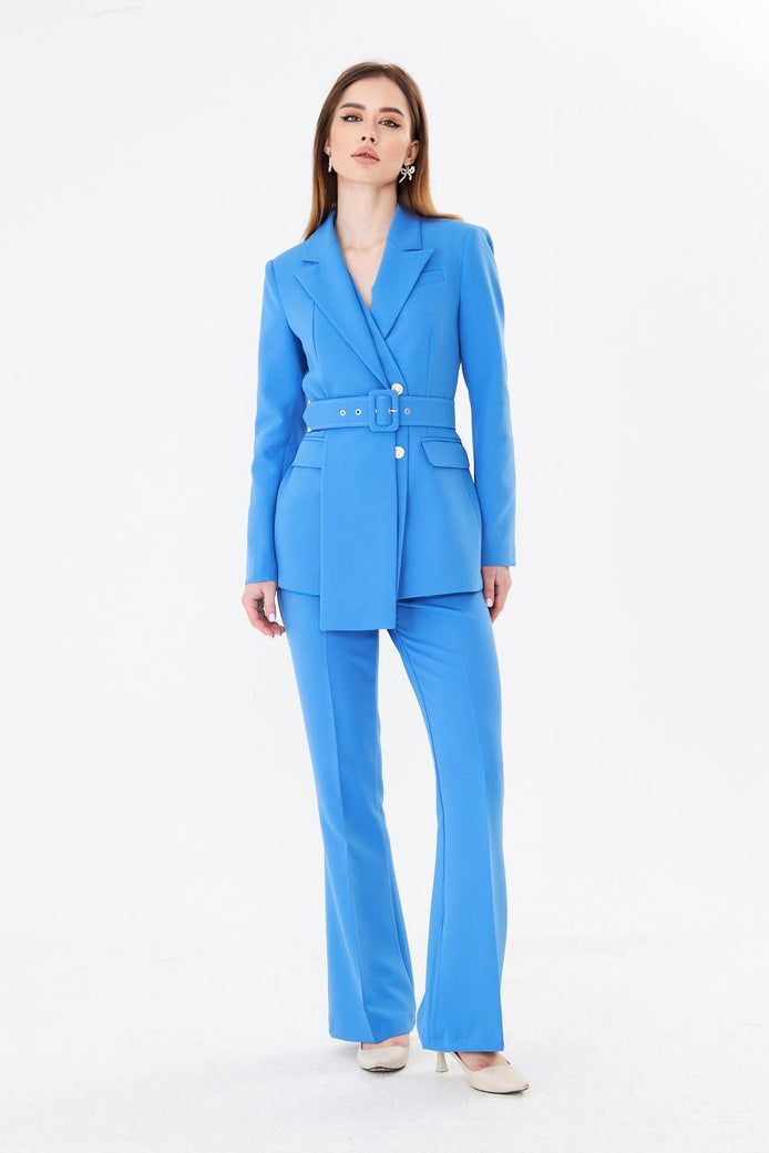 Professional Blue Belted Blazer Suit Set