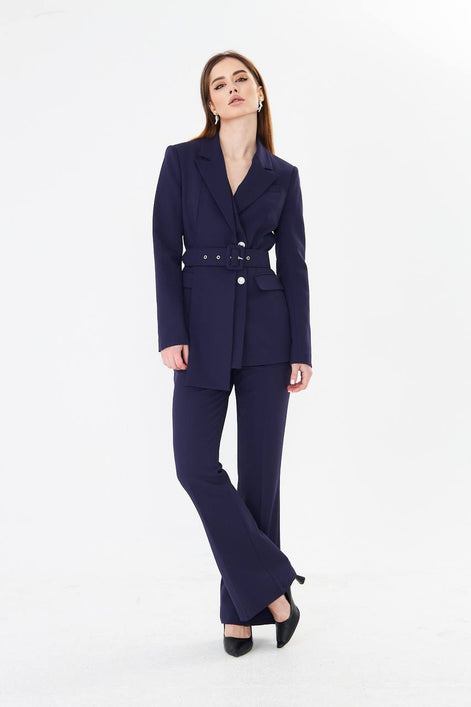 Women Navy Blue Belted Blazer Suit Set