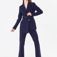 Professional Navy Blue Belted Blazer Suit Set