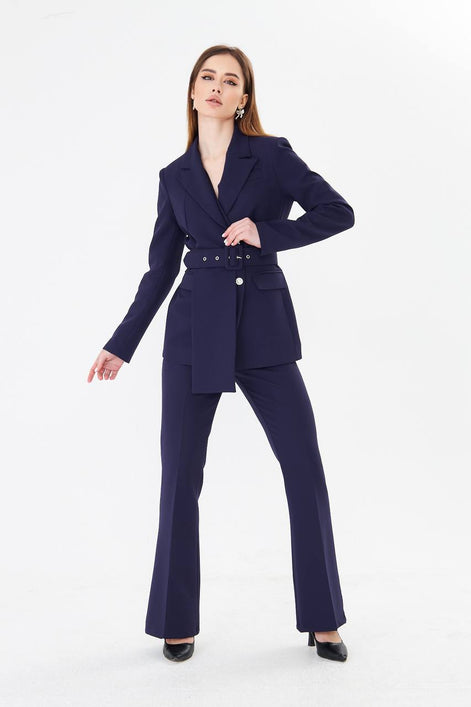 Professional Navy Blue Belted Blazer Suit Set