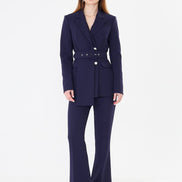 Professional Navy Blue Belted Blazer Suit Set