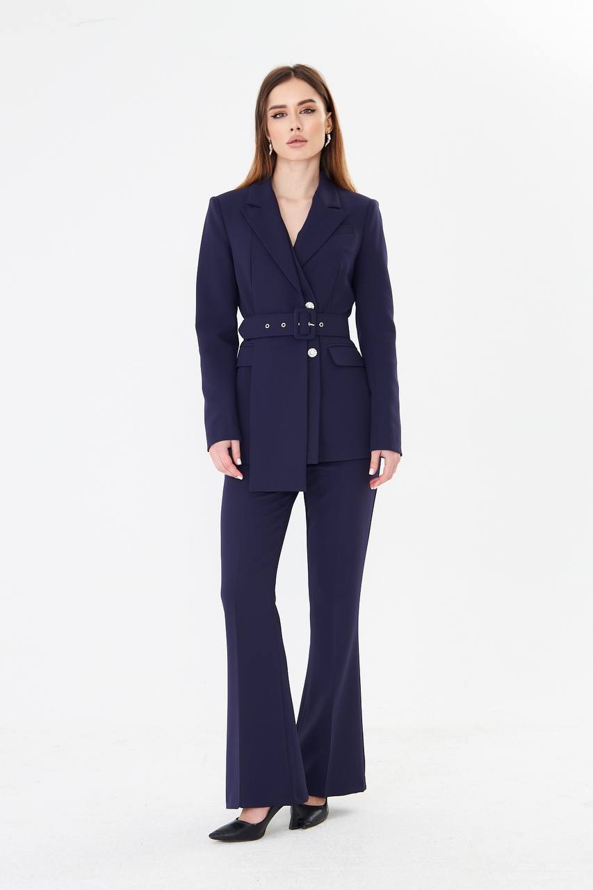 Professional Navy Blue Belted Blazer Suit Set