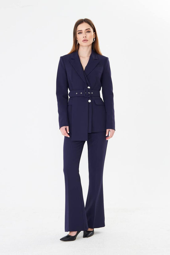 Professional Navy Blue Belted Blazer Suit Set