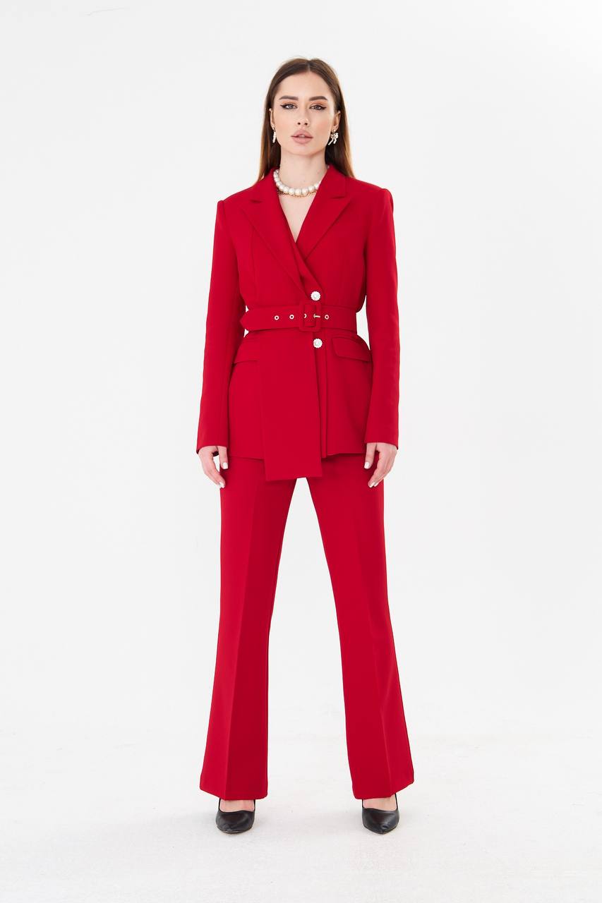 Professional Red Belted Blazer Suit Set
