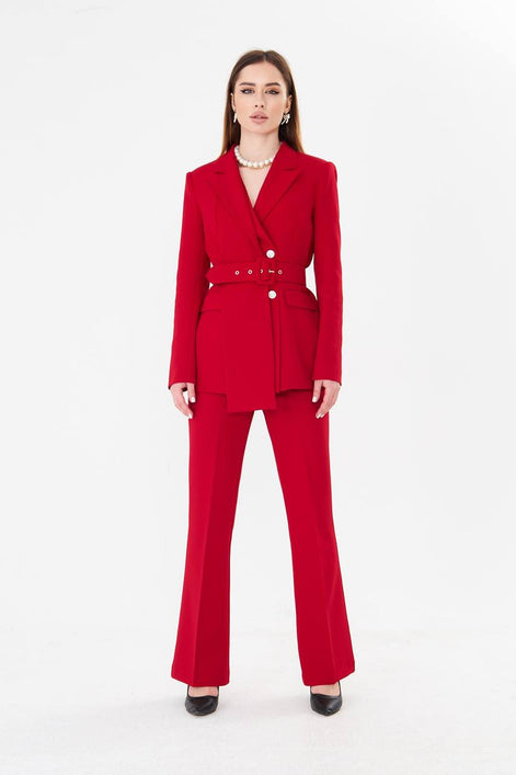 Professional Red Belted Blazer Suit Set