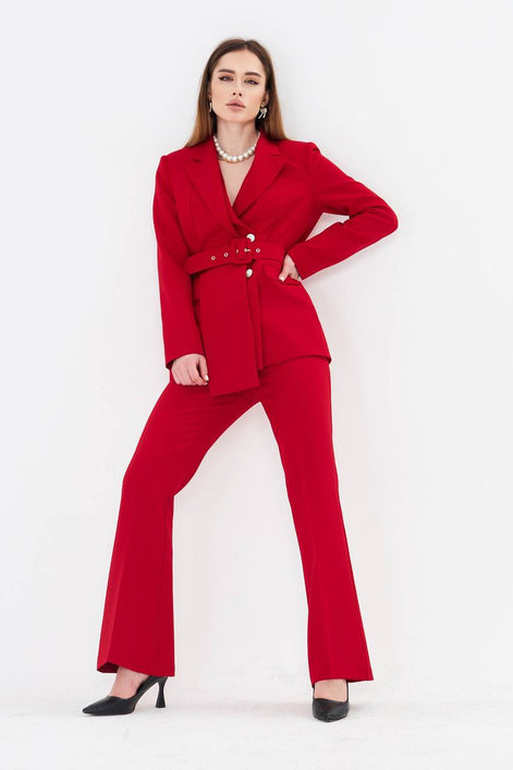 Professional Red Belted Blazer Suit Set