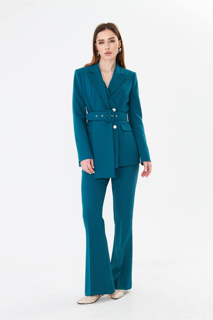 Professional Teal Belted Blazer Suit Set