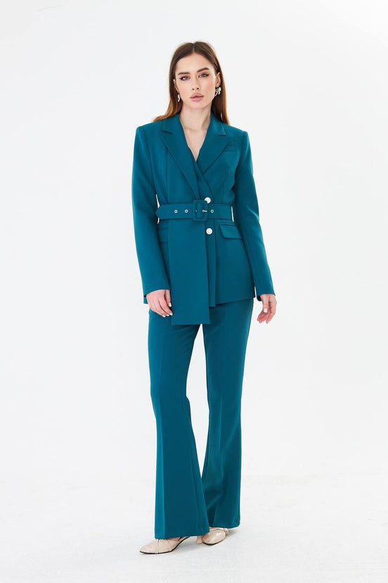 Professional Teal Belted Blazer Suit Set