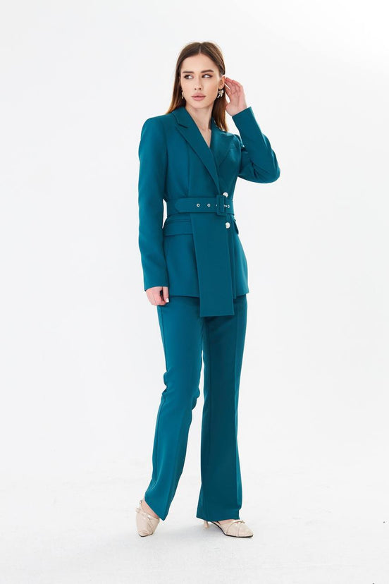 Professional Teal Belted Blazer Suit Set