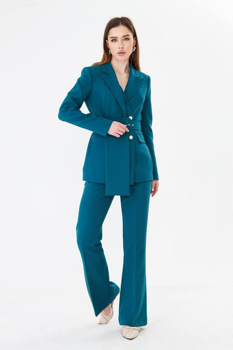 Teal Belted Blazer Suit Set