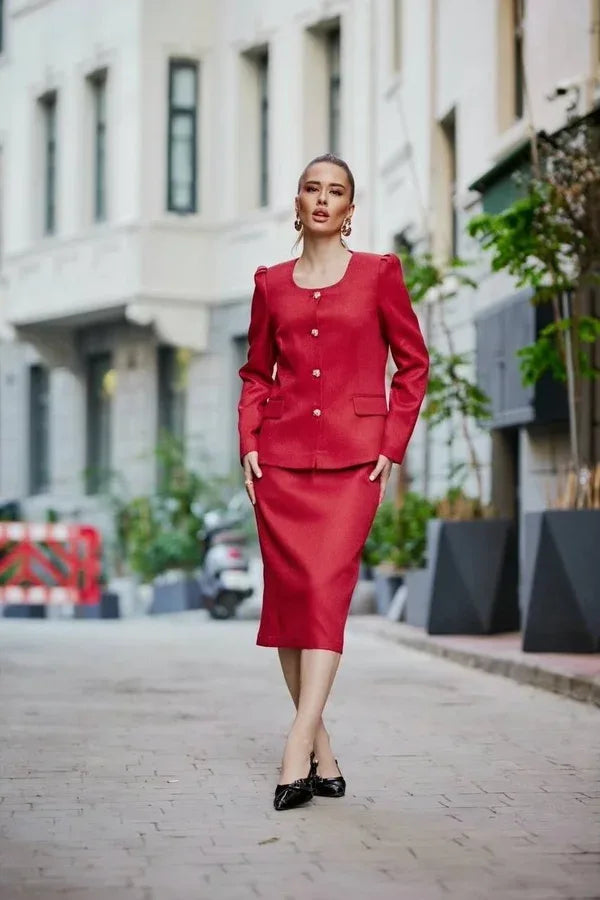 Red Wool Skirt Suit