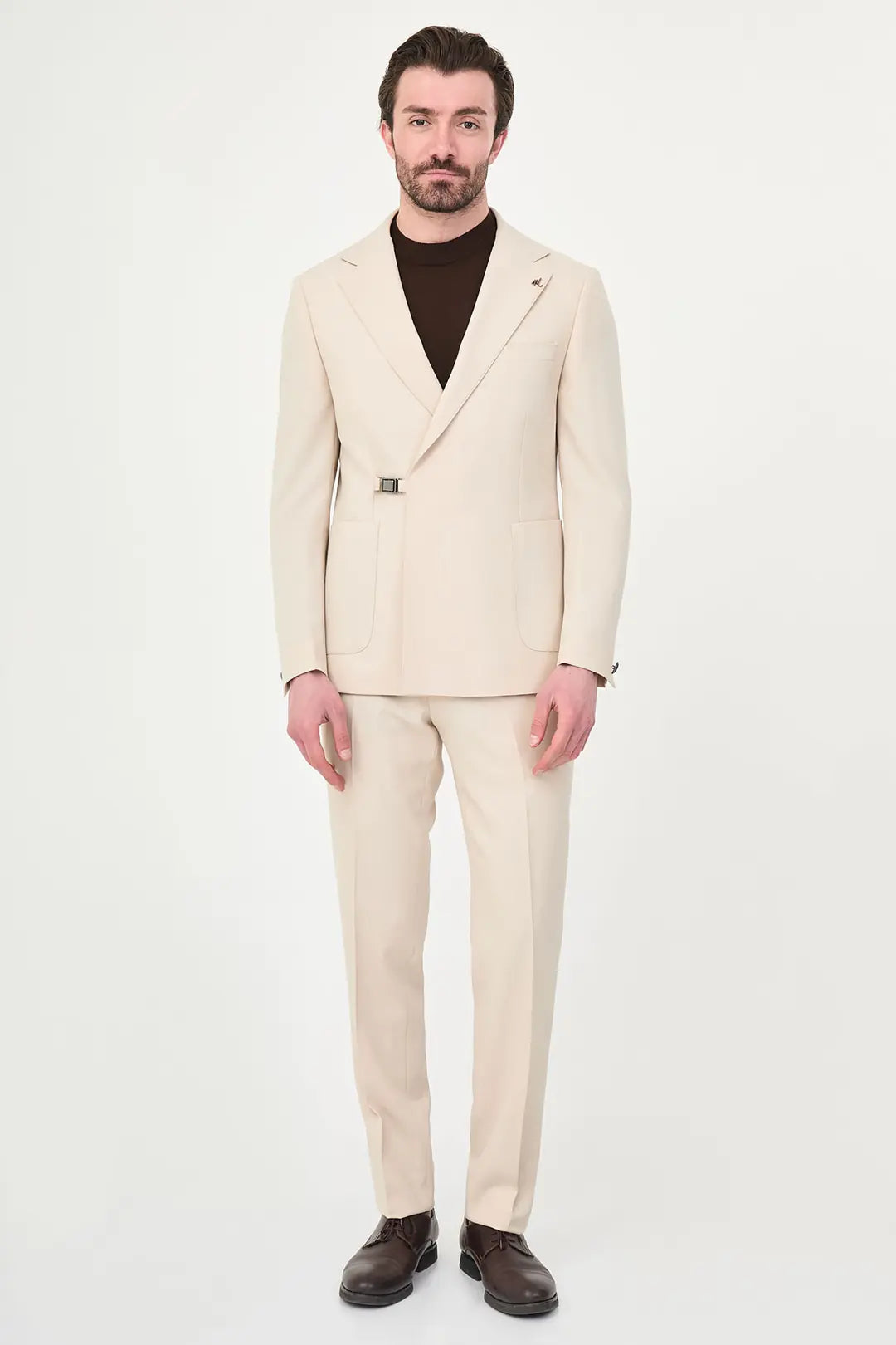 Cream Belted Single-Breasted Blazer Suit