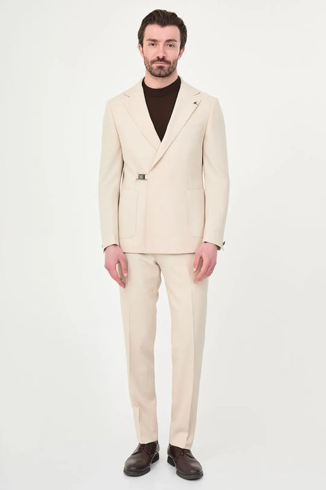 Cream Belted Single-Breasted Blazer Suit