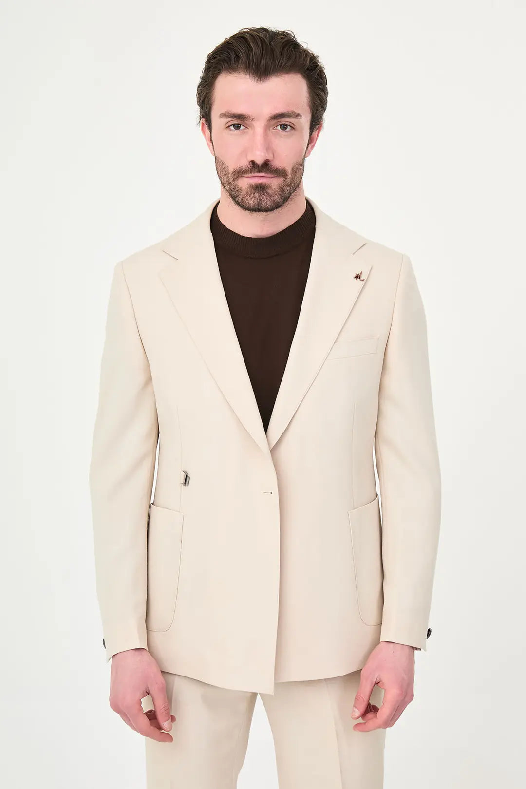 Cream Belted Single-Breasted Blazer Suit