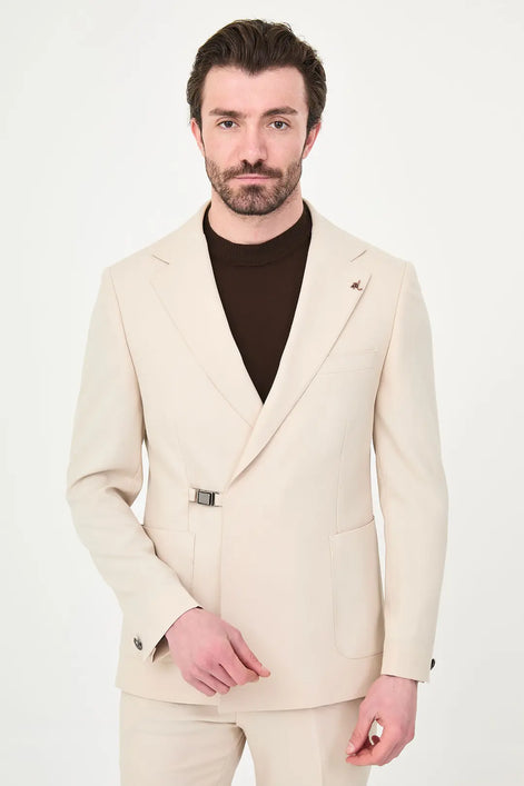 Cream Belted Single-Breasted Blazer Suit