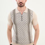 Criss Cross Beige Zip Polo Shirt
