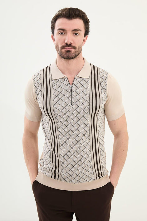 Criss Cross Beige Zip Polo Shirt