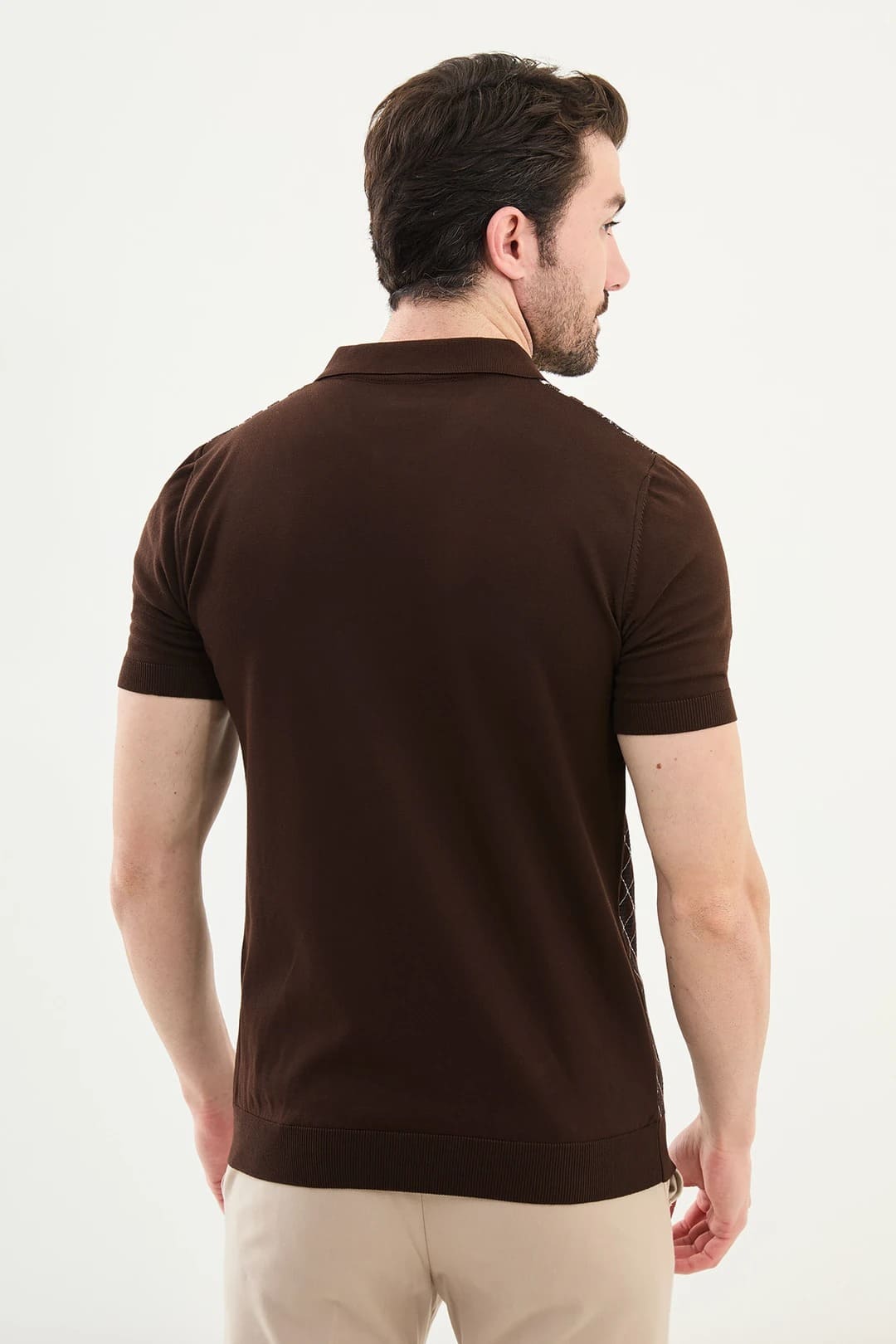 Criss Cross Dark Brown Zip Polo Shirt