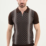 Criss Cross Dark Brown Zip Polo Shirt