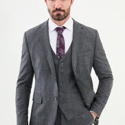 Ames Dark Blue 3 Piece Glen Plaid Wool Suit