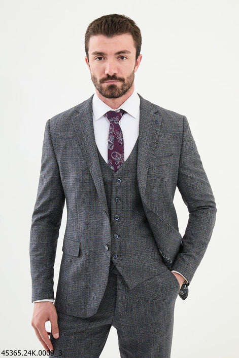 Ames Dark Blue 3 Piece Glen Plaid Wool Suit
