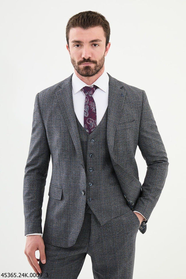 Ames Dark Blue 3 Piece Glen Plaid Wool Suit