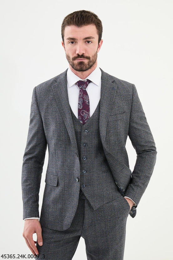 Dark Blue 3 Piece Glen Plaid Wool Suit