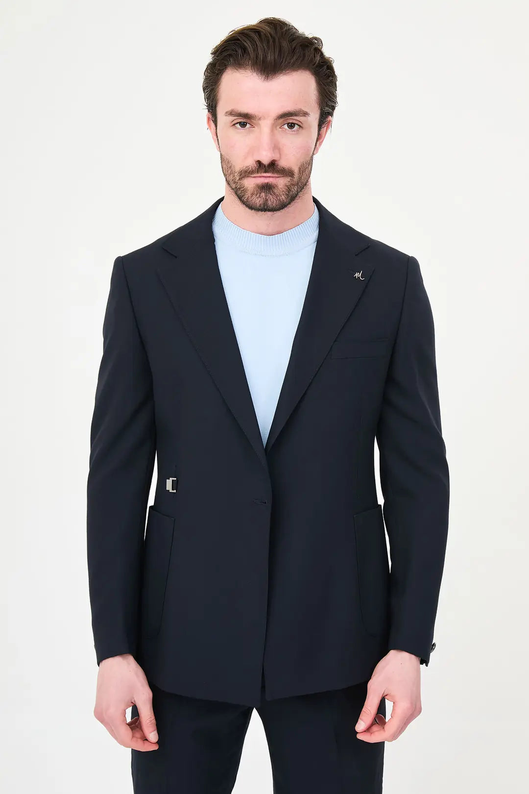 Dark Blue Belted Single-Breasted Blazer Suit