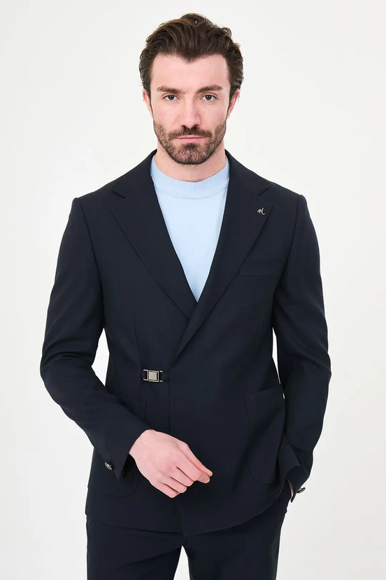 Dark Blue Belted Single-Breasted Blazer Suit