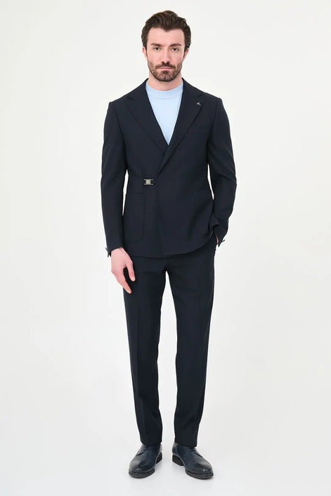 Dark Blue Belted Single-Breasted Blazer Suit