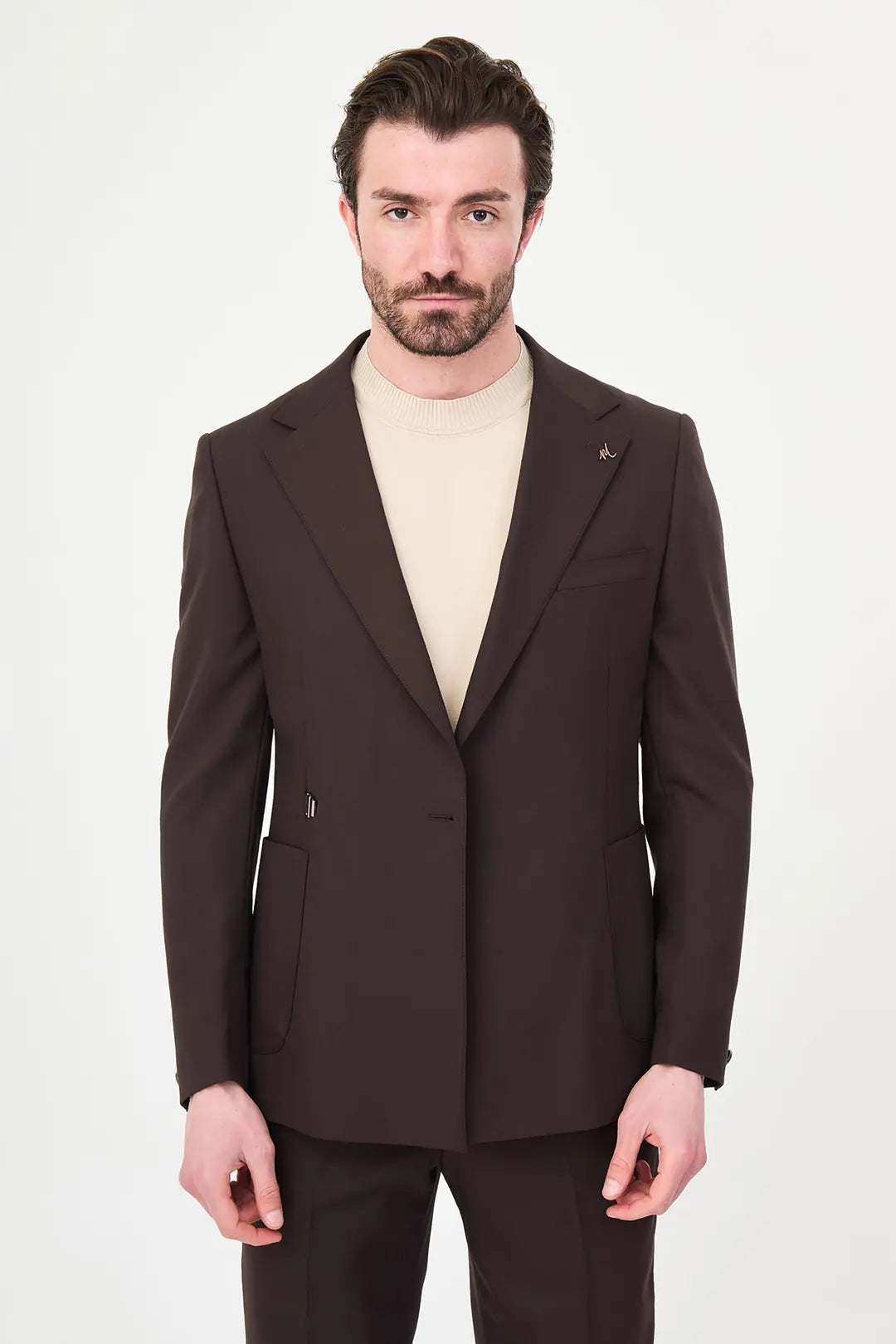 Dark Brown Belted Single-Breasted Blazer Suit